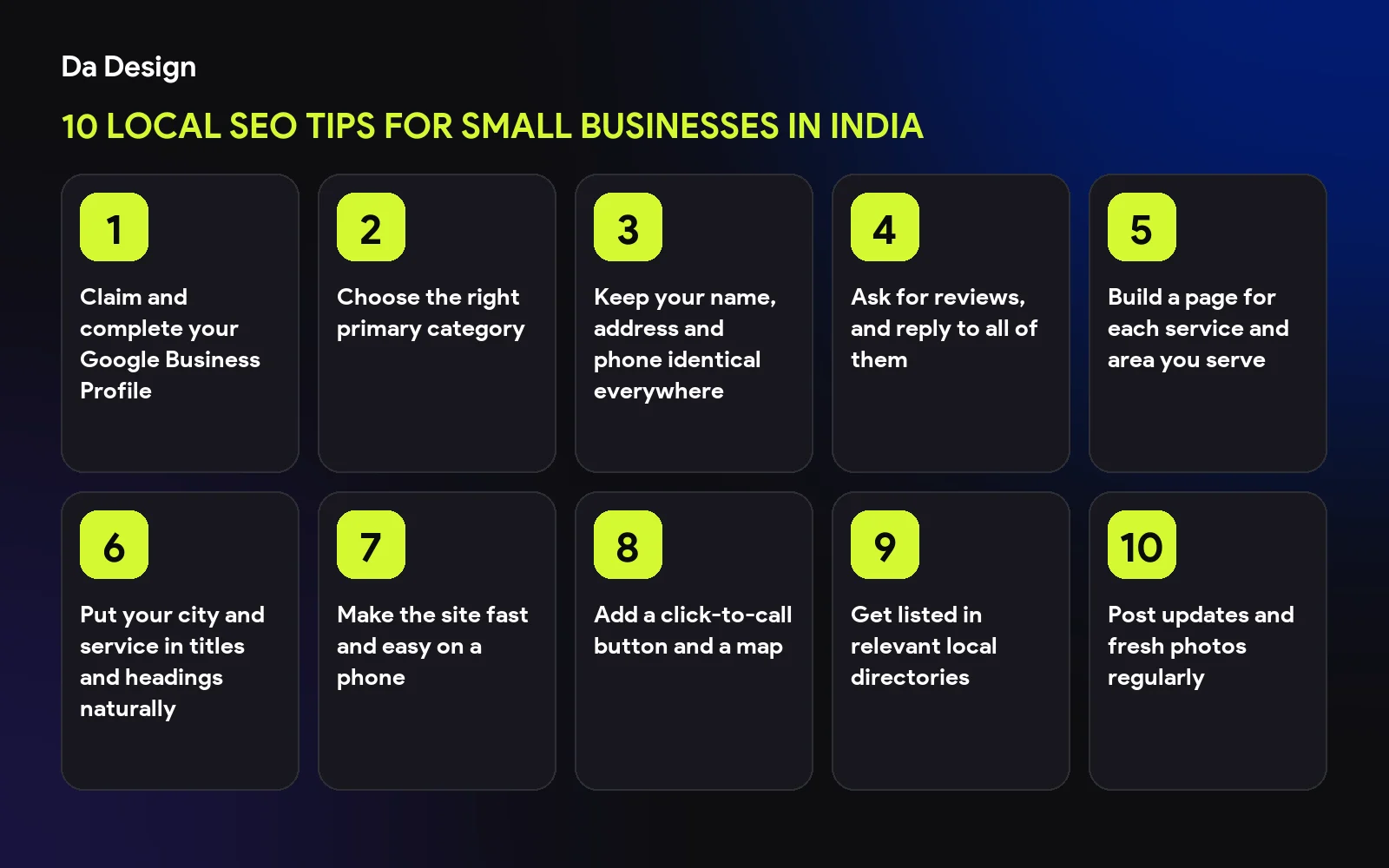 Overview of 10 Local SEO Tips for Small Businesses in India: Claim and complete your Google Business Profile; Choose the right primary category; Keep your name, address and phone identical everywhere; Ask for reviews, and reply to all of them; Build a page for each service and area you serve; Put your city and service in titles and headings naturally; Make the site fast and easy on a phone; Add a click-to-call button and a map; Get listed in relevant local directories; Post updates and fresh photos regularly