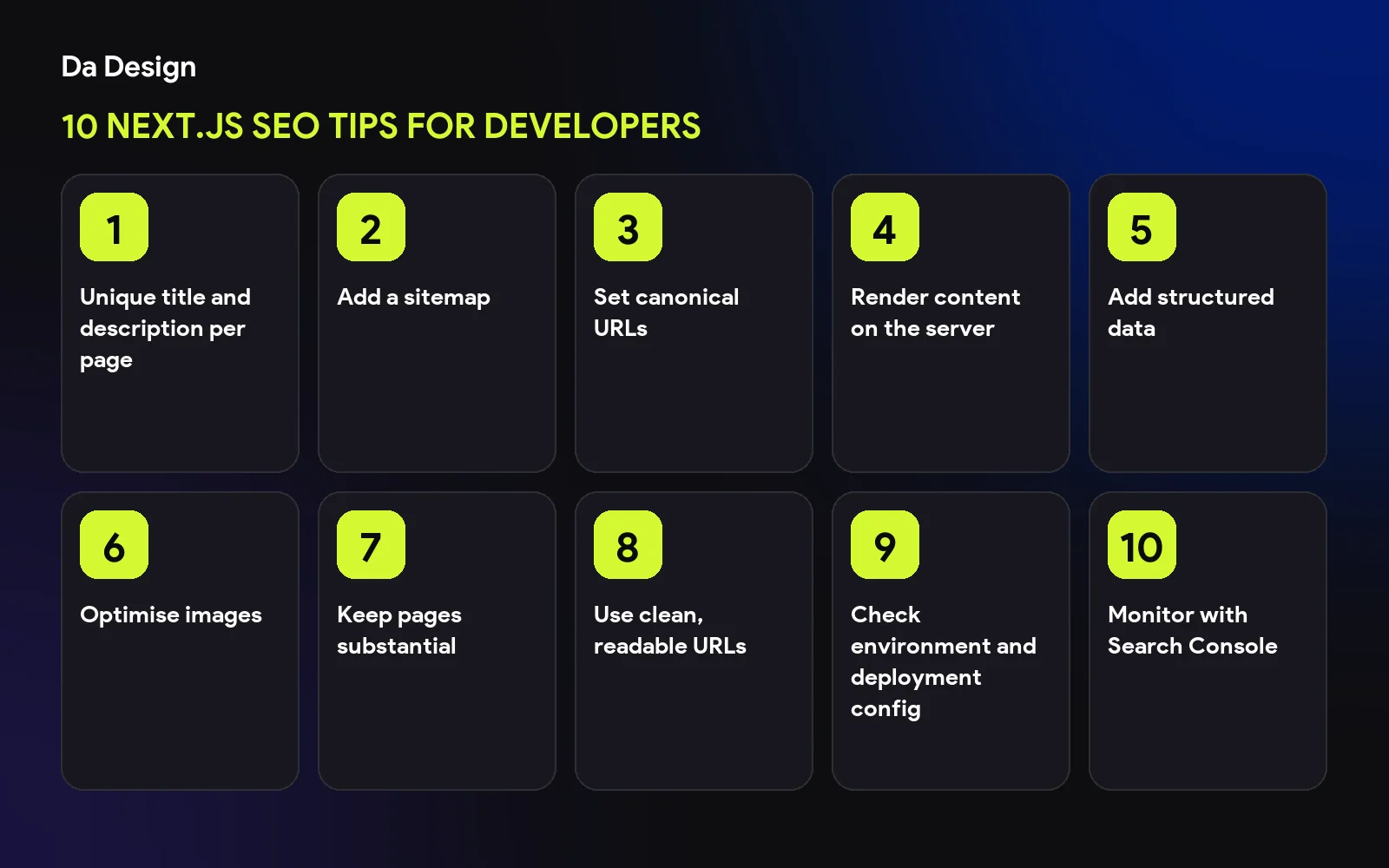 Overview of 10 Next.js SEO Tips for Developers: Unique title and description per page; Add a sitemap; Set canonical URLs; Render content on the server; Add structured data; Optimise images; Keep pages substantial; Use clean, readable URLs; Check environment and deployment config; Monitor with Search Console