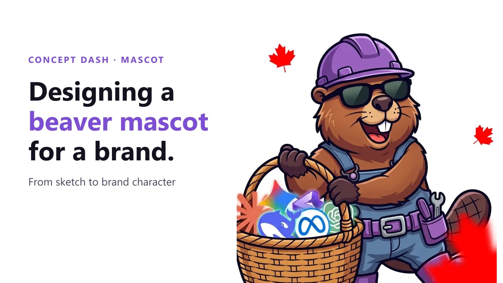 The Concept Dash beaver mascot in a purple hard hat, sunglasses and denim overalls, beside the title 'Designing a beaver mascot for a brand'