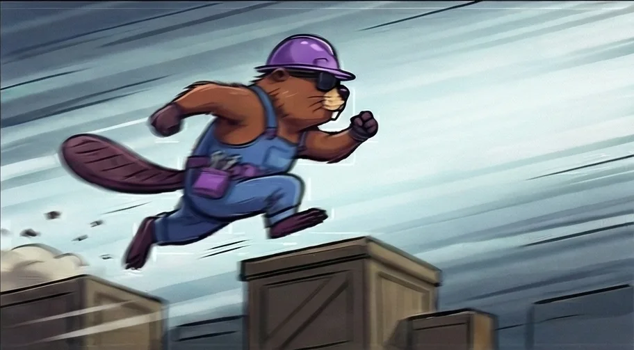 It leaps across the crates, racing to get there