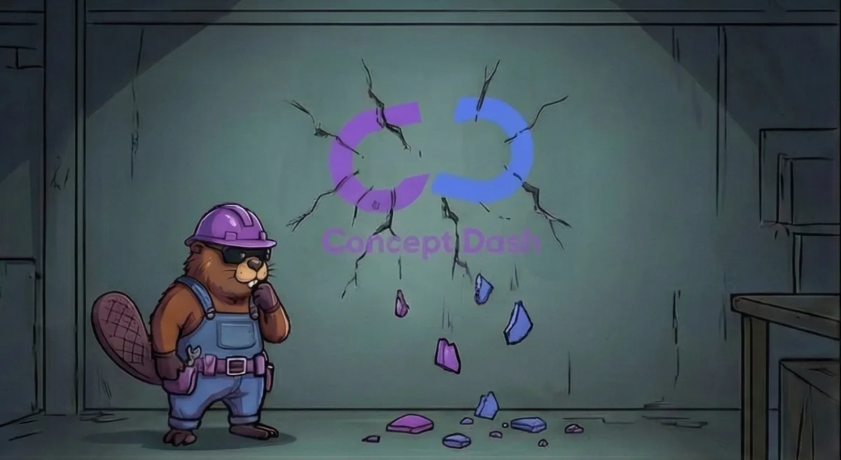 The wall: the Concept Dash logo is cracked and falling apart