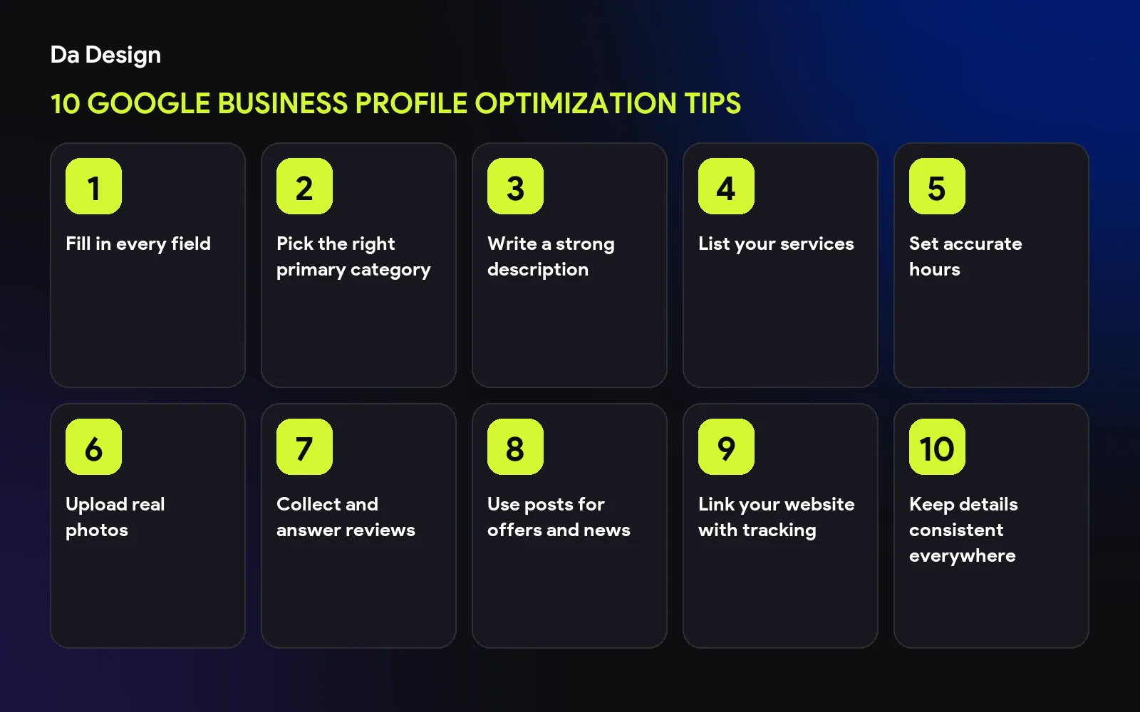 Overview of 10 Google Business Profile Optimization Tips: Fill in every field; Pick the right primary category; Write a strong description; List your services; Set accurate hours; Upload real photos; Collect and answer reviews; Use posts for offers and news; Link your website with tracking; Keep details consistent everywhere