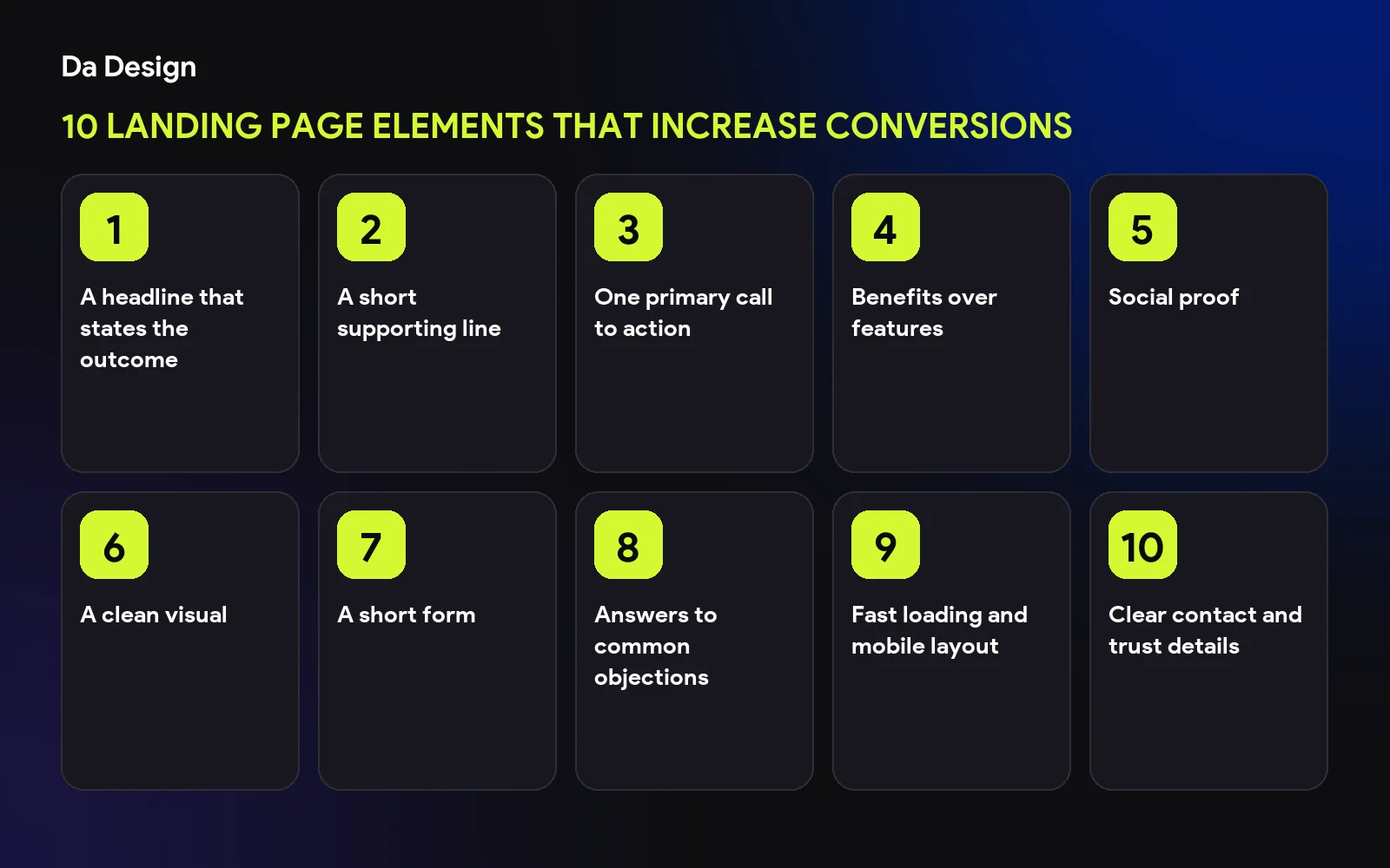 Overview of 10 Landing Page Elements That Increase Conversions: A headline that states the outcome; A short supporting line; One primary call to action; Benefits over features; Social proof; A clean visual; A short form; Answers to common objections; Fast loading and mobile layout; Clear contact and trust details