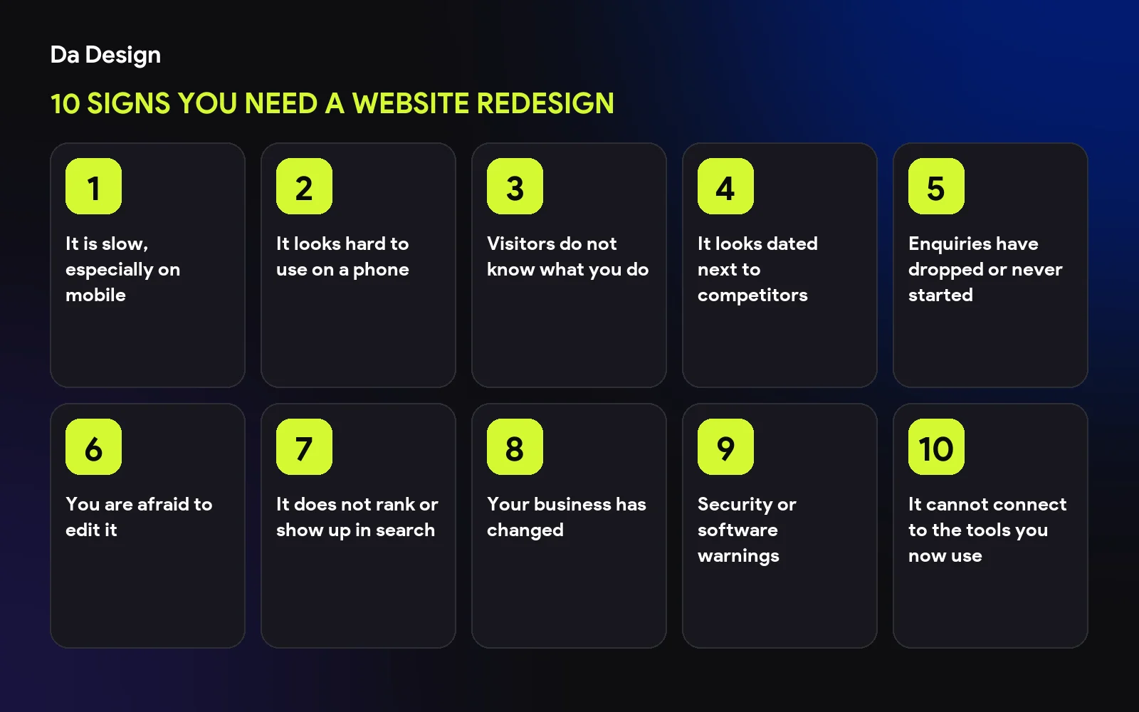 Overview of 10 Signs You Need a Website Redesign: It is slow, especially on mobile; It looks hard to use on a phone; Visitors do not know what you do; It looks dated next to competitors; Enquiries have dropped or never started; You are afraid to edit it; It does not rank or show up in search; Your business has changed; Security or software warnings; It cannot connect to the tools you now use