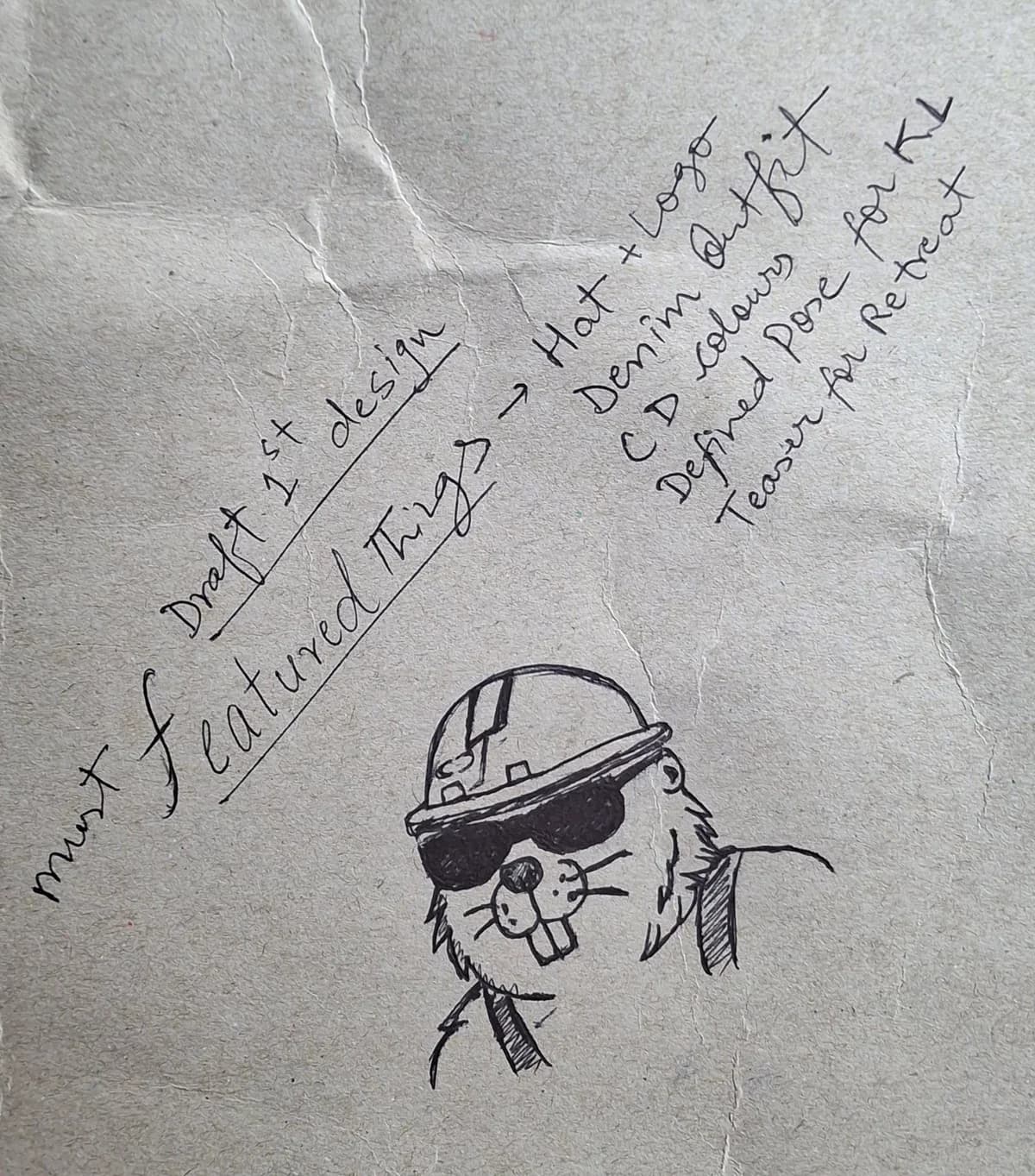 The first hand-drawn sketch of the Concept Dash beaver: a hard hat with the logo, sunglasses, and notes listing the must-have features