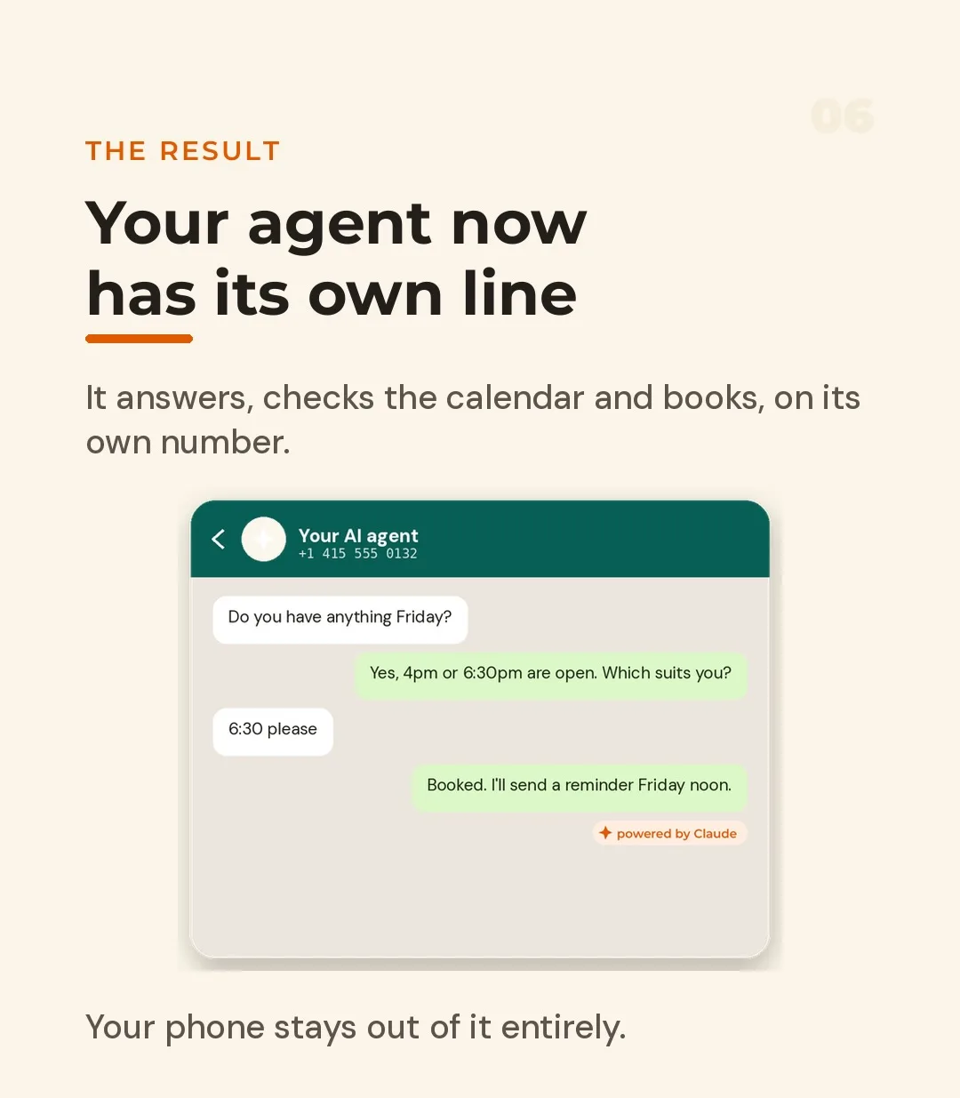 A WhatsApp chat where the AI agent offers two open slots and books the customer's pick