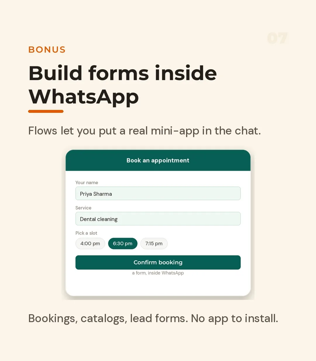 A booking form inside WhatsApp with name, service and time-slot selection