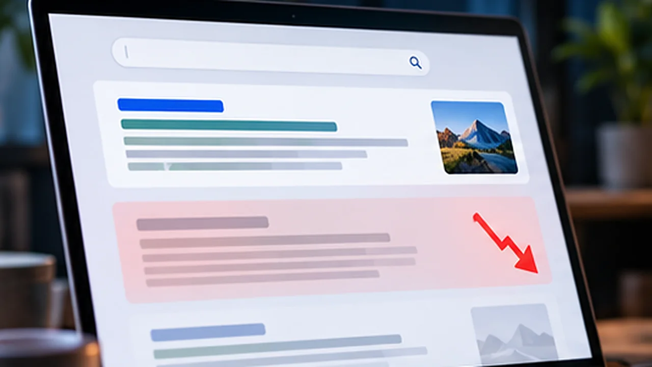 A laptop showing Google search results with one result greyed out and a red downward arrow