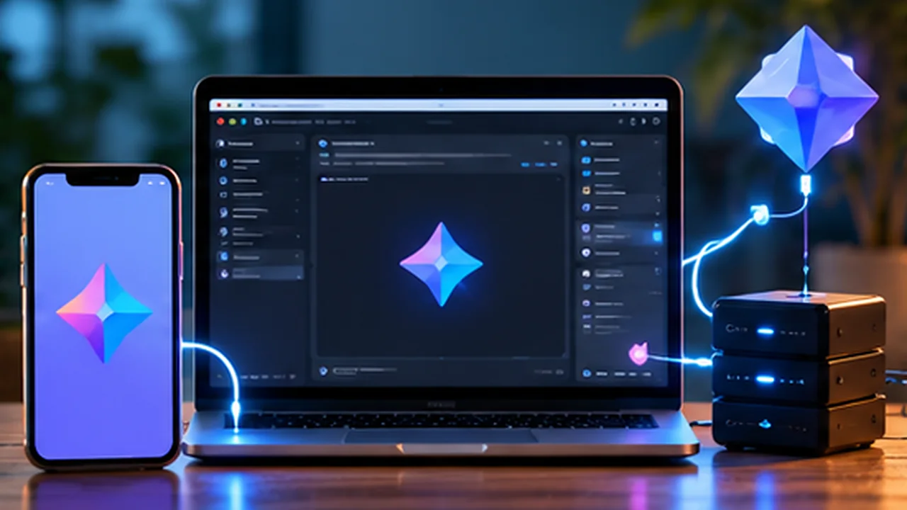 A phone, a laptop and a small server joined by glowing lines around a blue Gemini-style star