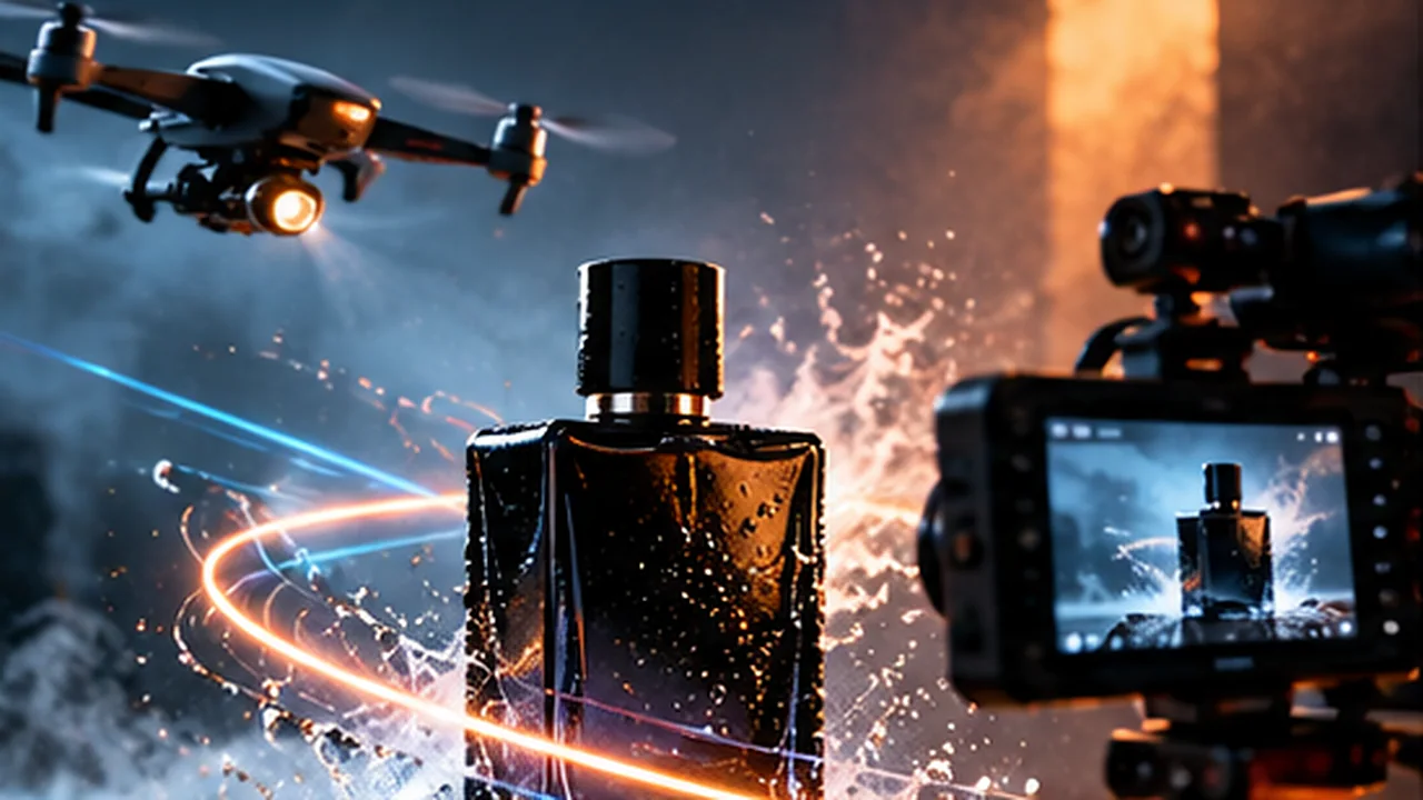 A splashed perfume bottle being filmed by a drone and a camera on a tripod