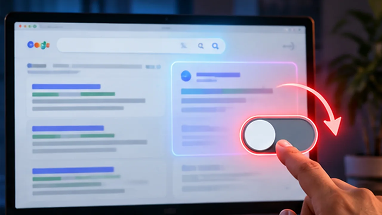 A finger flipping a red toggle switch beside the AI summary box on a Google search results page