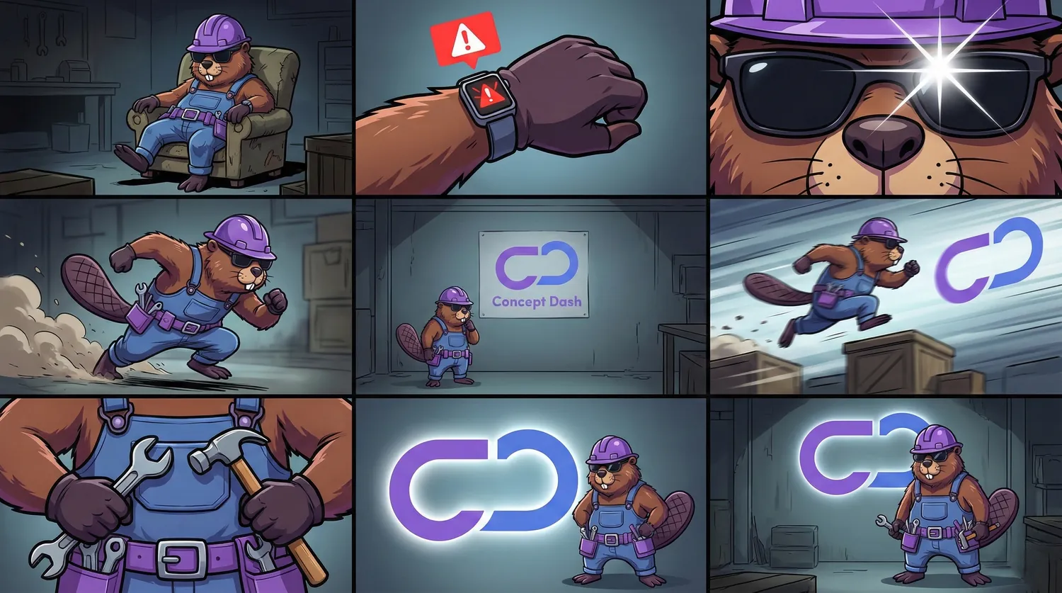 Illustrated mascot storyboard for Concept Dash by Kartik Saxena