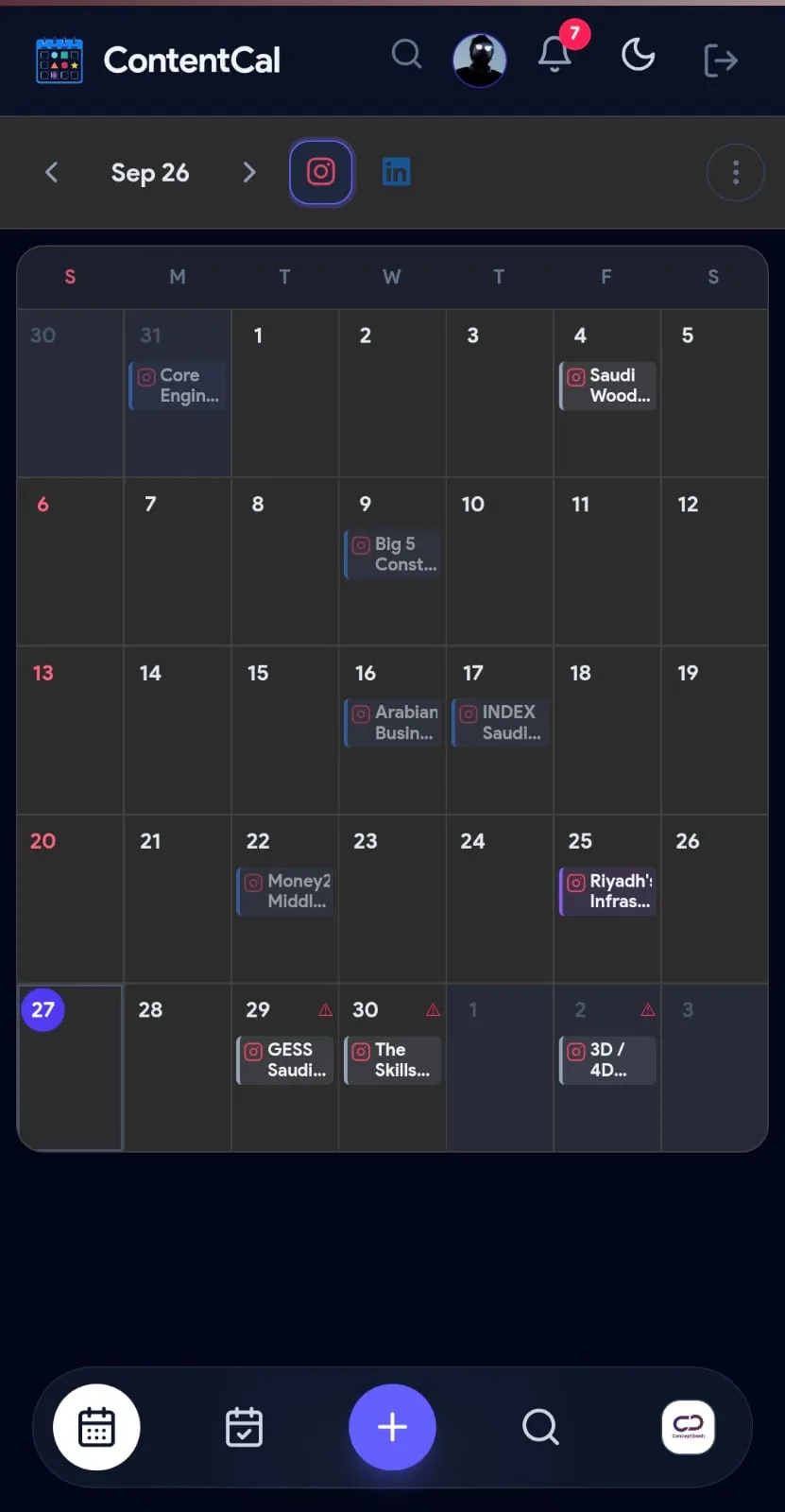 ContentCal on mobile: a monthly Instagram calendar with post cards, and an Instagram and LinkedIn platform switcher at the top