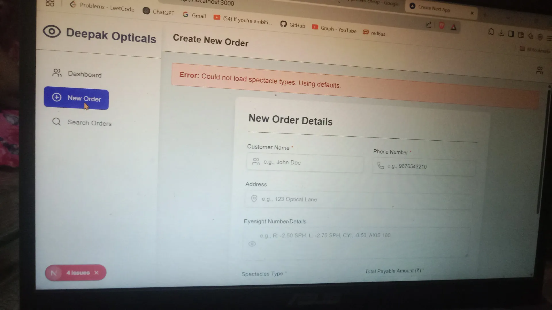 The Deepak Opticals order admin running on localhost, showing an error that spectacle types could not be loaded from the backend
