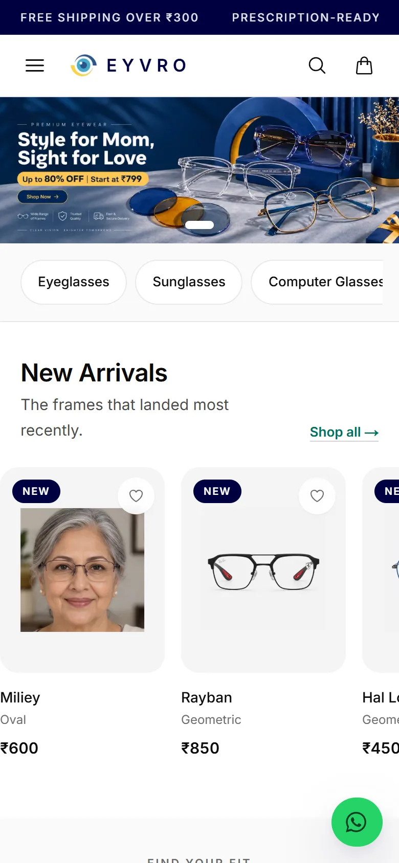 The Eyvro storefront on mobile, with product cards and prices