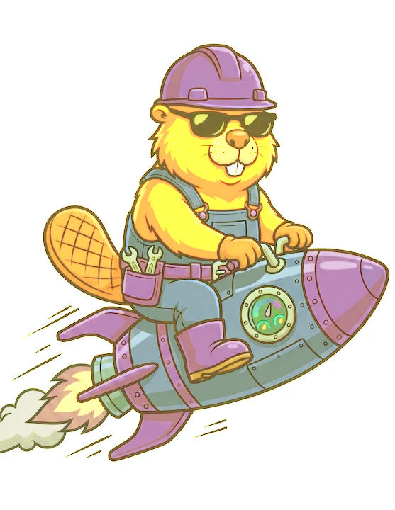 Beaver mascot riding a rocket, launching the fix