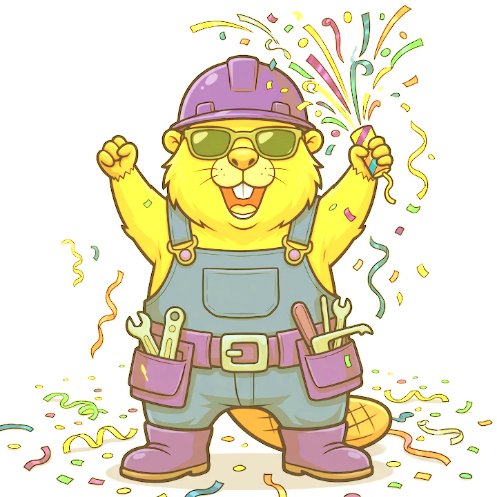 Beaver mascot celebrating with confetti after a release