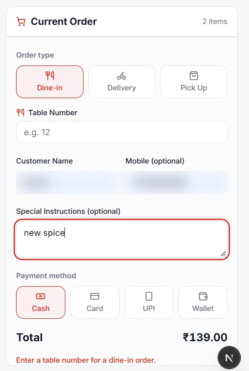 Order form with dine-in, delivery and pick-up options, special instructions and payment method