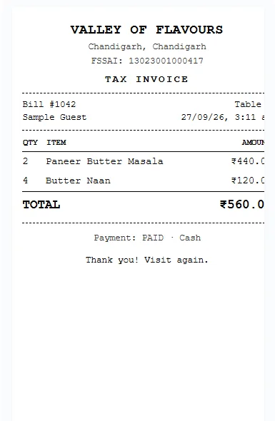 Printed tax invoice from Valley of Flavours showing items, total and payment status